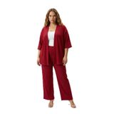 Büyük Beden Kimono Hırkalı 2’li Takım – Bürümcük Kumaş Oversize Şık Set-Bordo-L