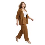 Büyük Beden Kimono Hırkalı 2’li Takım – Bürümcük Kumaş Oversize Şık Set-Camel-M