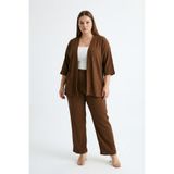Büyük Beden Kimono Hırkalı 2’li Takım – Bürümcük Kumaş Oversize Şık Set-Kahverengi-L