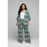 Büyük Beden Kimono Hırkalı 2’li Takım Bürümcük Kumaş Oversize Şık Set-Yeşil-5XL
