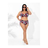 Büyük Beden Kırmızı Çiçek Desenli Tül Detaylı Kapsız Telli Yüksek Bel Kadın Bikini Takım Desenli 48