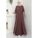 Büyük Beden Lale Taşlı Anne Elbisesi Kahverengi HM2692 - 48