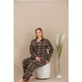Büyük Beden Leopar Desenli Düğmeli Uzun Kol Viskon Pijama Takımı