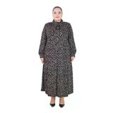 Büyük Beden Leopar Desenli Taş Ve Tül Detaylı Kollu Oversize Uzun Viskon Elbise