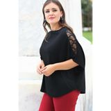 Büyük Beden Omuz Dantel Yarasa Bluz, Siyah, 46-48