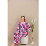 Büyük Beden Renkli Yaprak Desenli Düğmeli Uzun Kol Viskon Pijama Takımı