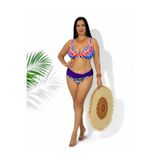 Büyük Beden Sabit Pedli Desenli Taşlı Bağlama Detaylı Toparlayıcı Yüksek Bel Kadın Bikini Takım