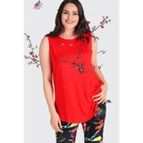 Büyük Beden Sakura Baskılı Kolsuz Viskon Basic Bluz, Kırmızı, 42-44