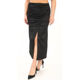 Büyük Beden Saten Drape Yırtmaçlı Midi Siyah Etek - 54