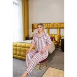 Büyük Beden Şık Tasarım Pembe Siyah Çizgili Düğmeli Kısa Kol Lüx Saten Pijama Takımı