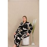 Büyük Beden Siyah Beyaz Desenli Düğmeli Uzun Kol Viskon Pijama Takımı