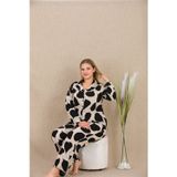 Büyük Beden Siyah Beyaz Kalp Desenli Düğmeli Uzun Kol Viskon Pijama Takımı
