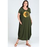 Büyük Beden Sun Flower Baskılı Jumbo Kısa Kol Elbise - Haki - 46 - 48