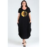 Büyük Beden Sun Flower Baskılı Jumbo Kısa Kol Elbise - Siyah - 42 - 44