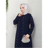 Büyük Beden Tam Boy Pelerinli Anne Elbisesi - Lacivert - 54