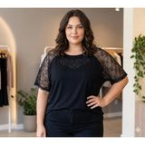 Büyük Beden Taşlı Kol Tüllü Lacivert Bluz