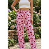 Büyük Beden Tek Alt Pijama Yumuşak Milan Kumaş İpli Bel Pembe Vişne Baskılı Meyve Loungewear Pantolon AUR-PJM-NPI-VISNE