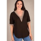 Büyük Beden V Yaka Bej Dantelli Yarım Kol Yan Yırtmaç Bluz, Kahverengi, 54-56