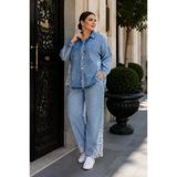 Büyük Beden Yakalı Düğmeli Tunik Gömlekli Paçası Dantel Detaylı Denim Kadın İkili Takım