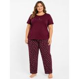 Büyük Beden Yazlık Kadın Pijama Takımı Yıldız Desenli Bordo,4XL