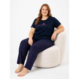 Büyük Beden Yazlık Kadın Pijama Takımı Yıldız Desenli Lacivert,XL