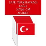 Büyük Boy 20 Adet Çubuklu Kağıt Türk Bayrağı Çıtalı Sopalı Saplı Ay Yıldız Baskılı Bayrak 20X30 cm