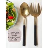 Büyük Boy Çelik Servis Kaşığı Servis Çatalı 27 cm 2li Set - Gold