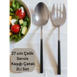 Büyük Boy Çelik Servis Kaşığı Servis Çatalı 27 cm 2li Set - Gümüş