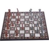 Büyük Boy Metal Ingiliz Satranç Takımı Antik ve Katlanır Sedef Tahta - Bronz