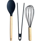 Büyük Boy Silikon Set, Düz Spatula, Maşa, Ahşap Çırpıcı Seti 3 Adet, Antrasit - Çok Renkli - Standart