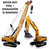 Büyük Boy Vinç + Büyük Boy Kepçe Ekskavatör Oyuncak Kırılmaz Iş Inşaat Makinesi 30 Cm. - 35 x 15 x 24 cm