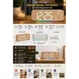 Büyük Ekranlı Ahşap Desenli Dijital Masa Saati 24X9x3 Cm Alarm Çalar Saat Rgb Renkli Led Işıklı Usb Ve Pil