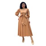 Büyük Fiyonklu Kare Yaka Kloş Poplin Elbise (Camel, XL)