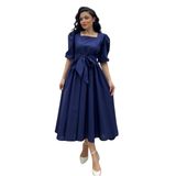 Büyük Fiyonklu Kare Yaka Kloş Poplin Elbise (Lacivert, XL)