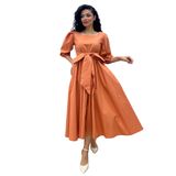 Büyük Fiyonklu Kare Yaka Kloş Poplin Elbise (Somon, S)