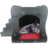 Büyük Kedi Evi Dekoratif Ahşap Dayanıklı 50X35 cm Kedi Yatağı Merdivenli Model - Siyah