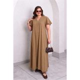 Büyük Moda KETEN EFEKTLİ UZUN ELBİSE