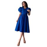 Büyük Yakalı Kloş Poplin Elbise (Saks Mavisi, M)