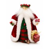 Büyüleyici Noel Baba Figürü, Kırmızı Kadife Ceket, Tartan Detay, Hediye Paketli, 30x24x17 cm, Koleksiyonluk Yılbaşı Süsü