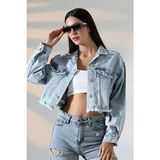 Buz Mavi Lazerli Denim Ceket Kadın Oversize Crop Stil Tüm Sezonlar İçin Rahat Tasarım