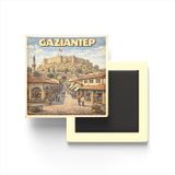 Buzdolap Magneti - Türkiye - Gaziantep - Retro Tema - 9x9 cm | Çad temalı 4'lü dekoratif buzdolabı magneti