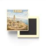 Buzdolap Magneti - Türkiye - İzmir - Retro Tema - 9x9 cm | Dominika temalı 4'lü dekoratif buzdolabı magneti
