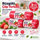Büzgülü Çöp Torbası,BÜYÜK BOY 65x70cm,Sızdırmaz,Dayanıklı, Çilek-3Rulo | Sızdırmaz Yapı, Güçlü,Dayanıklı, Kolay Kapanır,Parfümlü