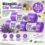 Büzgülü Çöp Torbası,BÜYÜK BOY 65x70cm,Sızdırmaz,Dayanıklı, Lavanta-3Rulo | Sızdırmaz Yapı, Güçlü,Dayanıklı, Kolay Kapanır,Parfümlü
