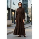 Büzgülü Dokulu Kuşaklı Elbise 2242-02 Kahverengi - 42 - 44