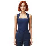 Büzgülü Örme Bluz Rahat Şık Fitted Kalıp Kare Yaka Modern Stil Görünüm_Indigo-S