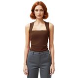 Büzgülü Örme Bluz Rahat Şık Fitted Kalıp Kare Yaka Modern Stil Görünüm_Kahverengi-L