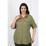By Alba Collection Kadın Haki Kapak Cepli Soft Keten Büyük Beden Gömlek