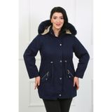 By Alba Collection Kadın Lacivert Gabardin Kumaş İçi Yün Büyük Beden Mont