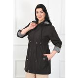 By Alba Collection Kadın Siyah Çizgili Astarlı Büyük Beden Trençkot
